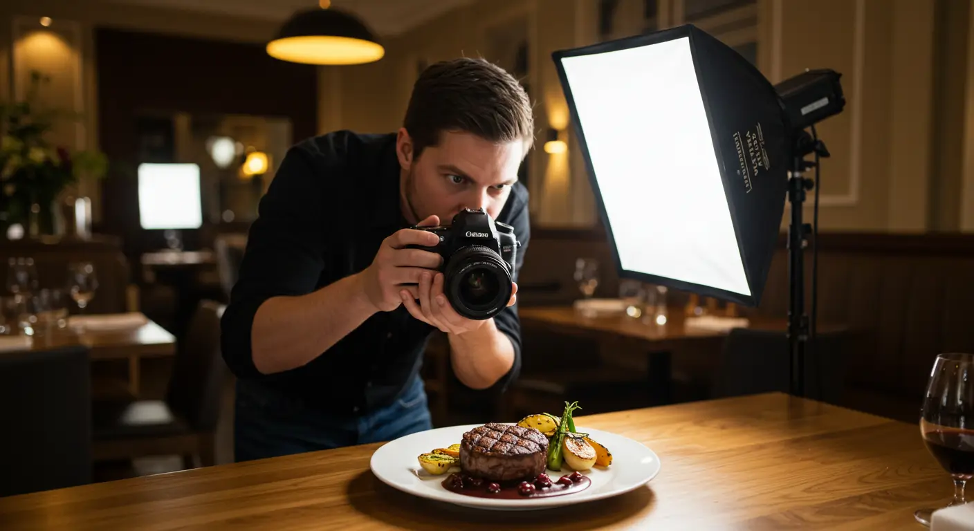 fotógrafo tirando foto de prato de comida