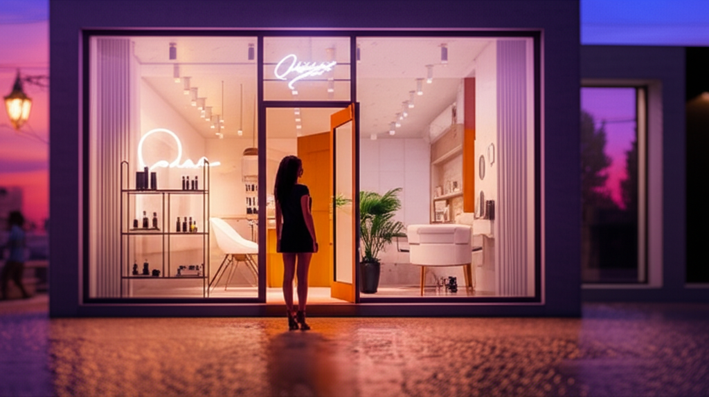 Fachada de um salão de beleza moderno e bem iluminado, servindo como ferramenta de marketing.
