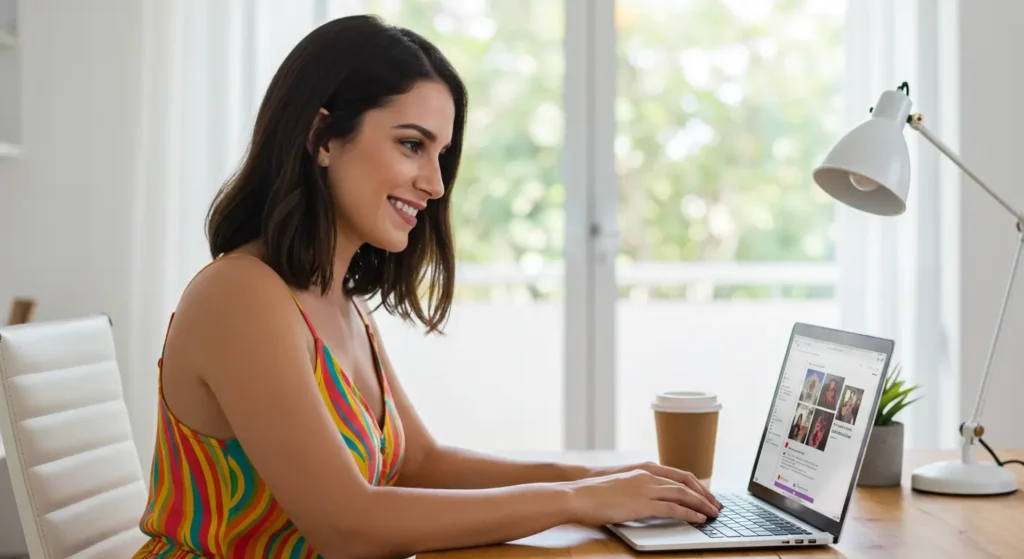 mulher usando computador para social media