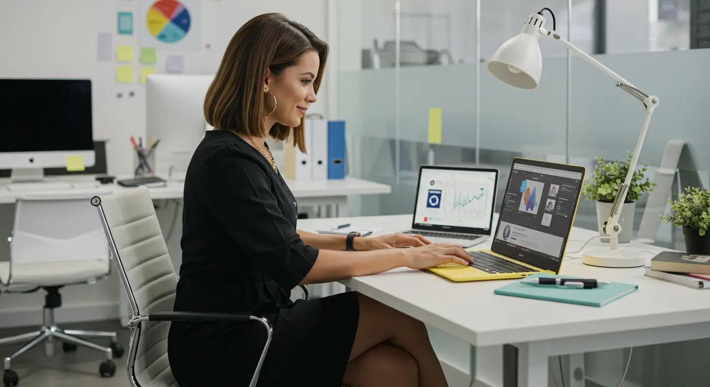 Mulher trabalhando no notebook com social media