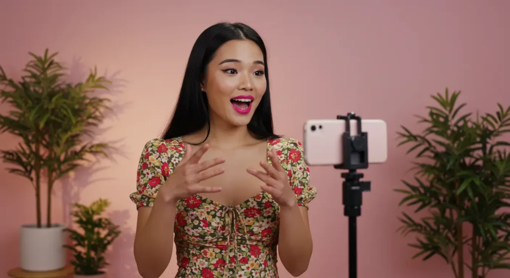 influenciadora gravando vídeo para o instagram