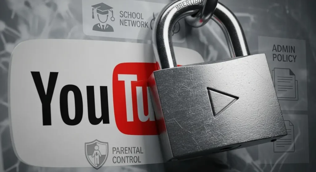 Representação de um cadeado fechado sobre o logo do YouTube, simbolizando as situações em que o Modo Restrito está bloqueado ou não pode ser desativado pelo usuário, e suas possíveis causas.