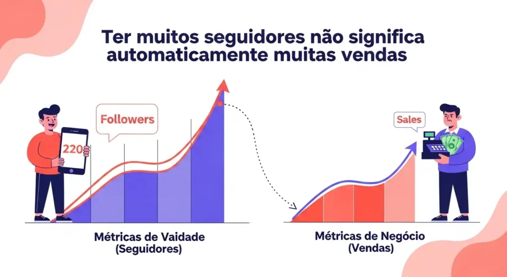 Gráfico mostrando a diferença entre métricas de vaidade (seguidores) e métricas de negócio (vendas), destacando que ter muitos seguidores não significa automaticamente muitas vendas.